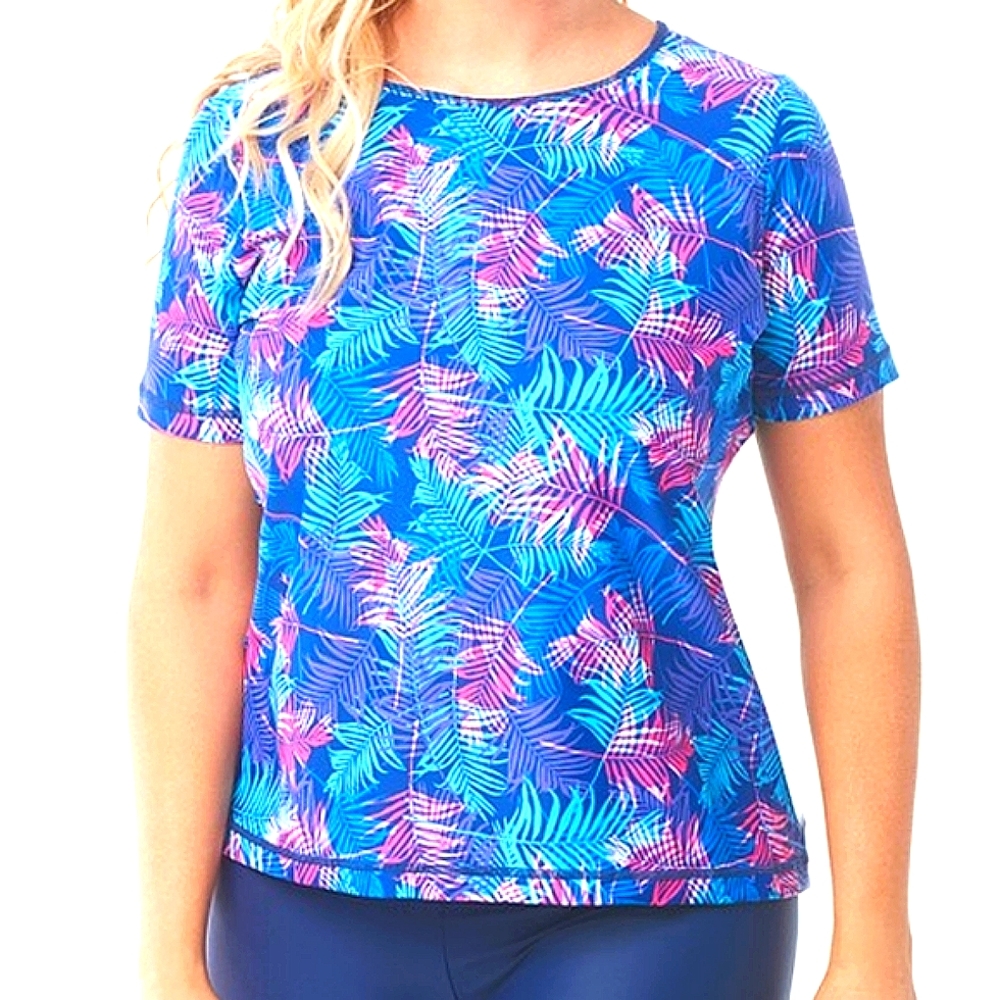 Love My Curves 🩵Blue & Purple Palm Rashguard Top blouse